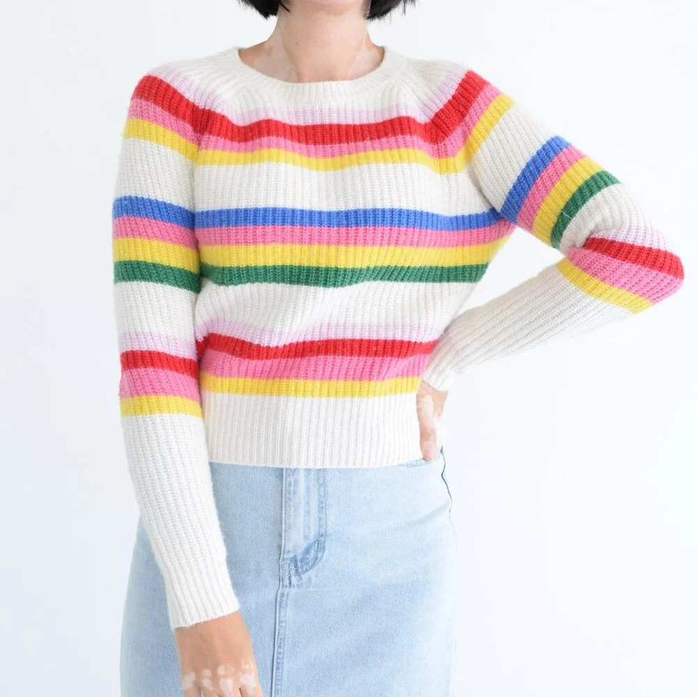 White + Warren Cream Pink Stripe Ribbed 25% Merino Wool Knit Cropped Sweater XS